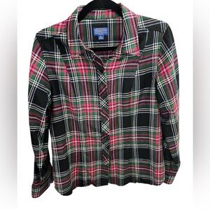 Pendleton 100% Wool Pink Black Green Plaid Button Up Blouse Shirt Size Medium